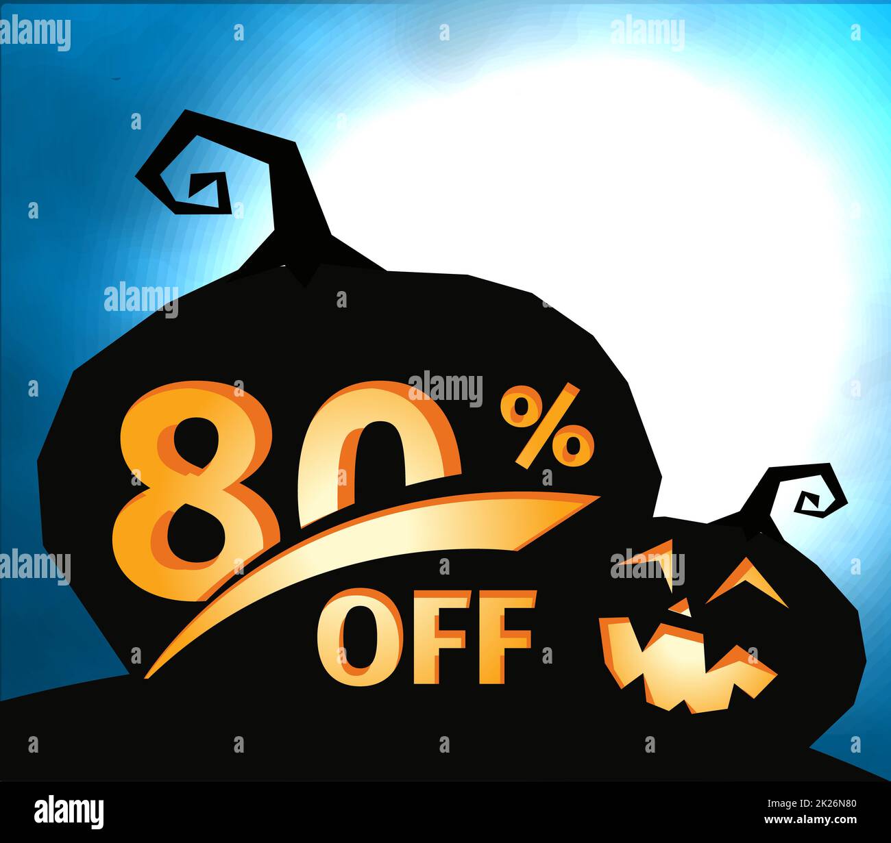 Pumpkin silhouette on dark blue sky with full moon. Halloween 80 percent off, sale banner. Holiday offer, autumn discount vector illustration. Stock Photo