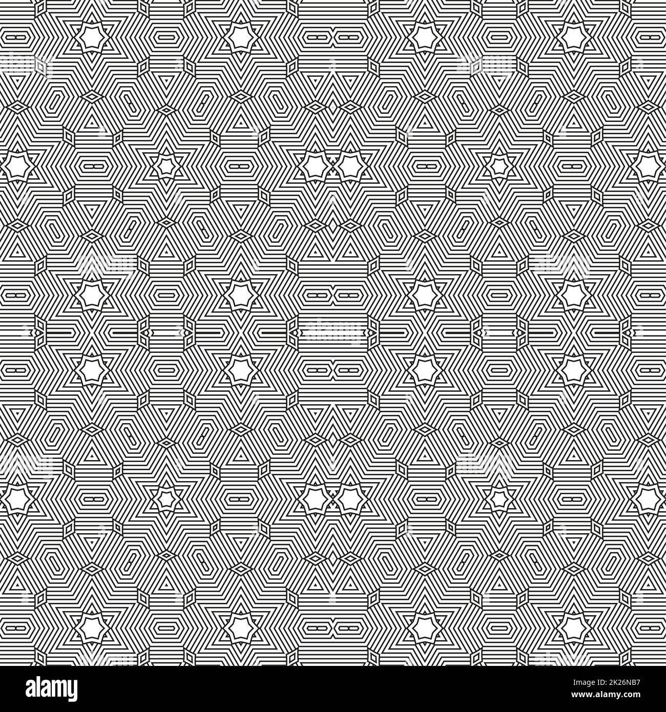 Ornamental linear pattern. Detailed vector illustration. Seamless black and white texture. Mandala design element. Stock Photo