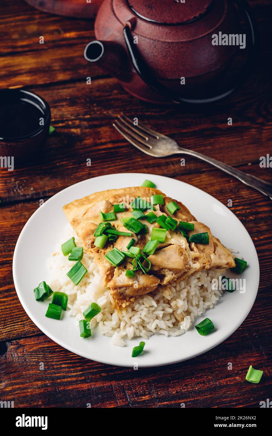 Japanese rice dish with chicken, egg, sliced scallion Stock Photo - Alamy