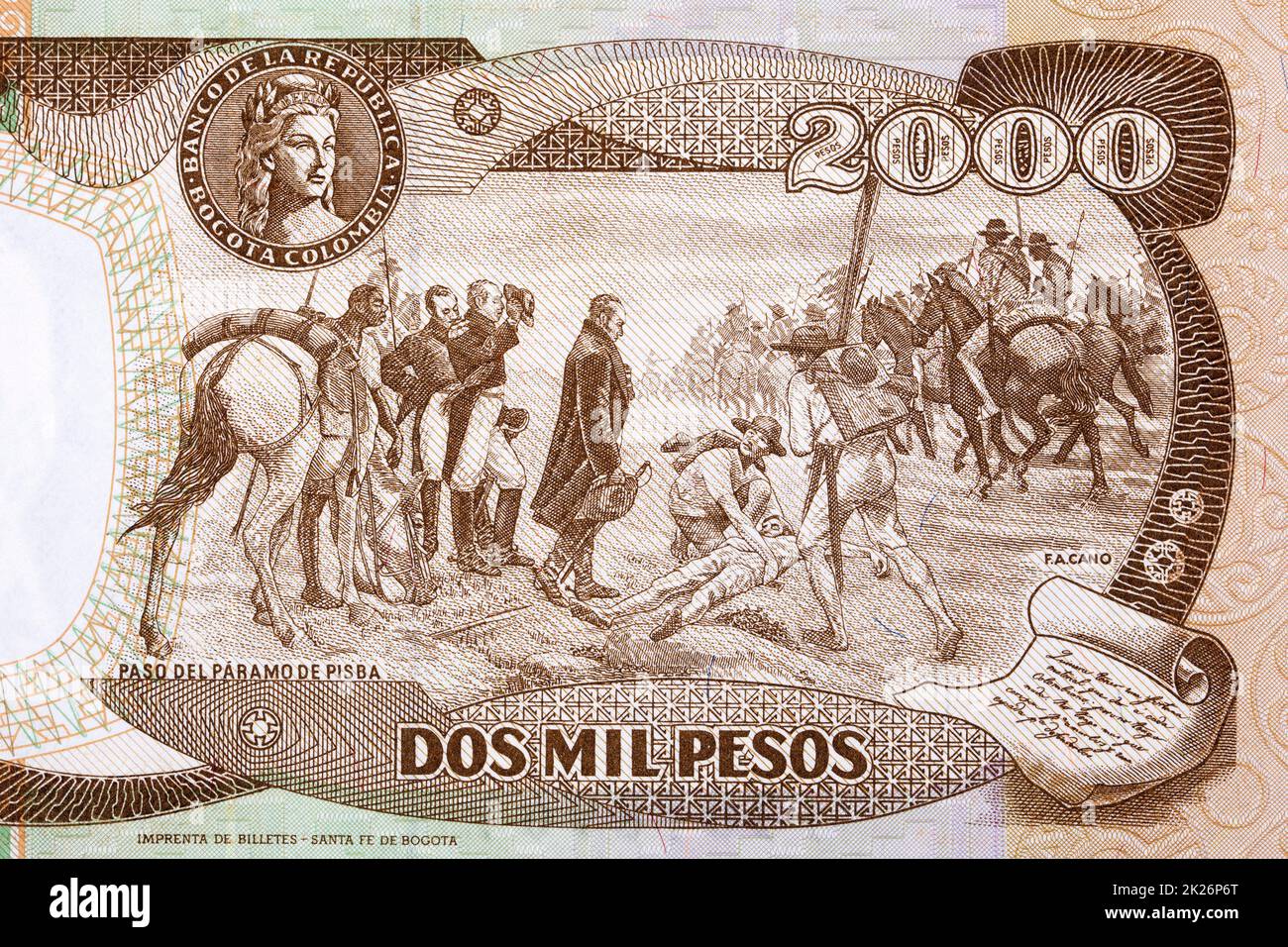 Scene at Paso del Paramo de Pisba from old Colombian money Stock Photo