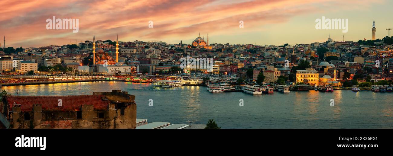 Panorama of Istanbul at sunset Stock Photo