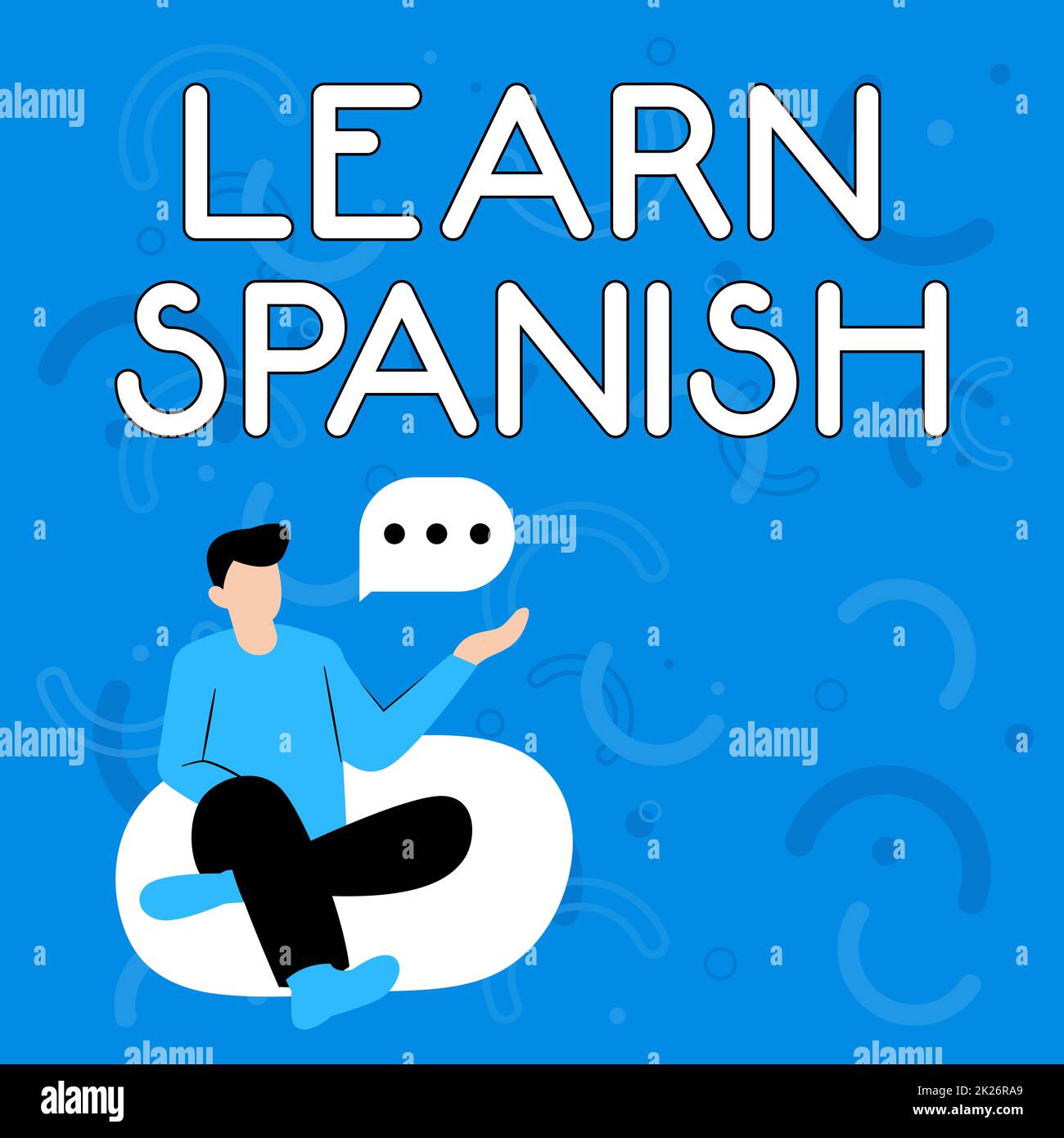 Conceptual caption Learn Spanish. Business concept to train writing and speaking the national language of Spain Illustration Of Businessman Sitting On Soft Sofa Chair Talking. Stock Photo