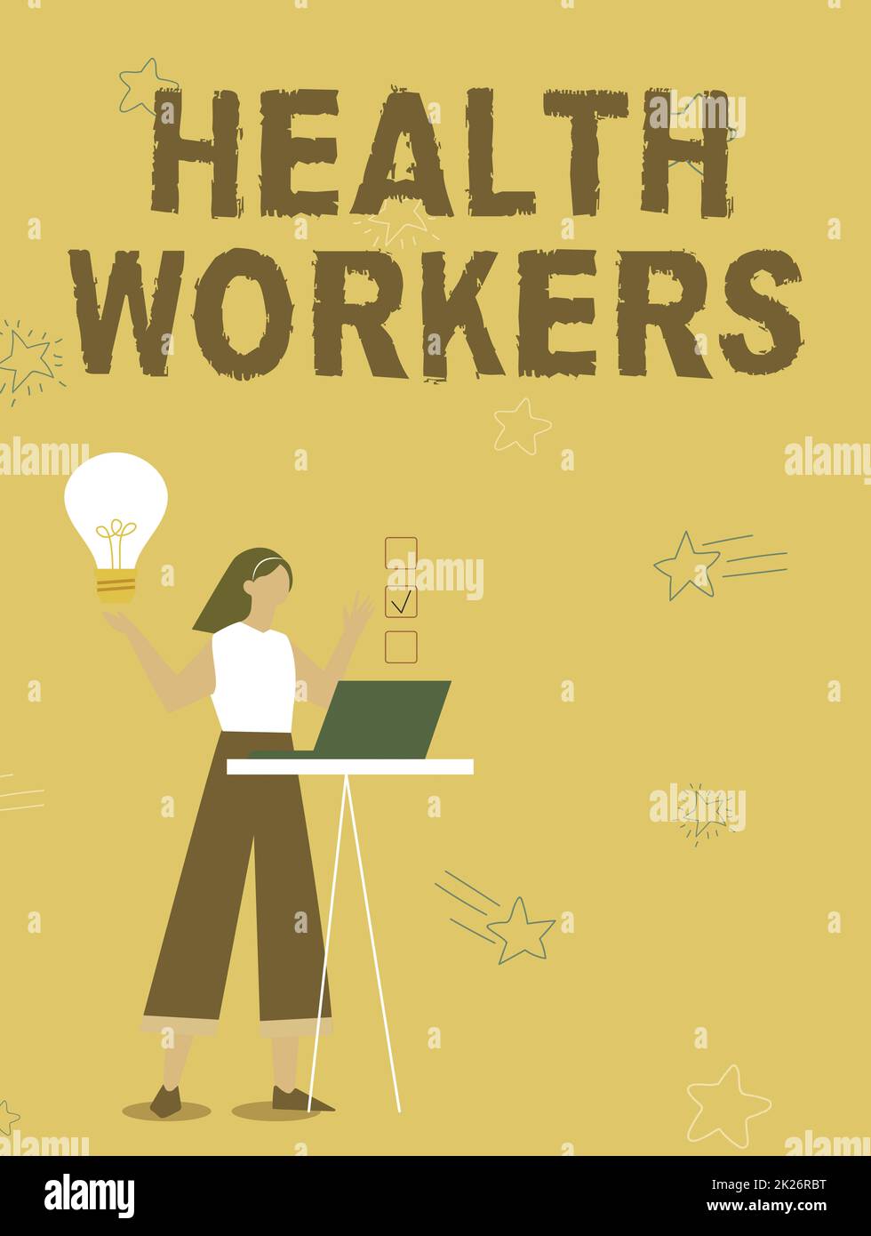 Conceptual caption Health Workers. Internet Concept showing whose job to protect the health of their communities Illustration Of Girl Using Laptop Having Ideas And Making Checklist. Stock Photo