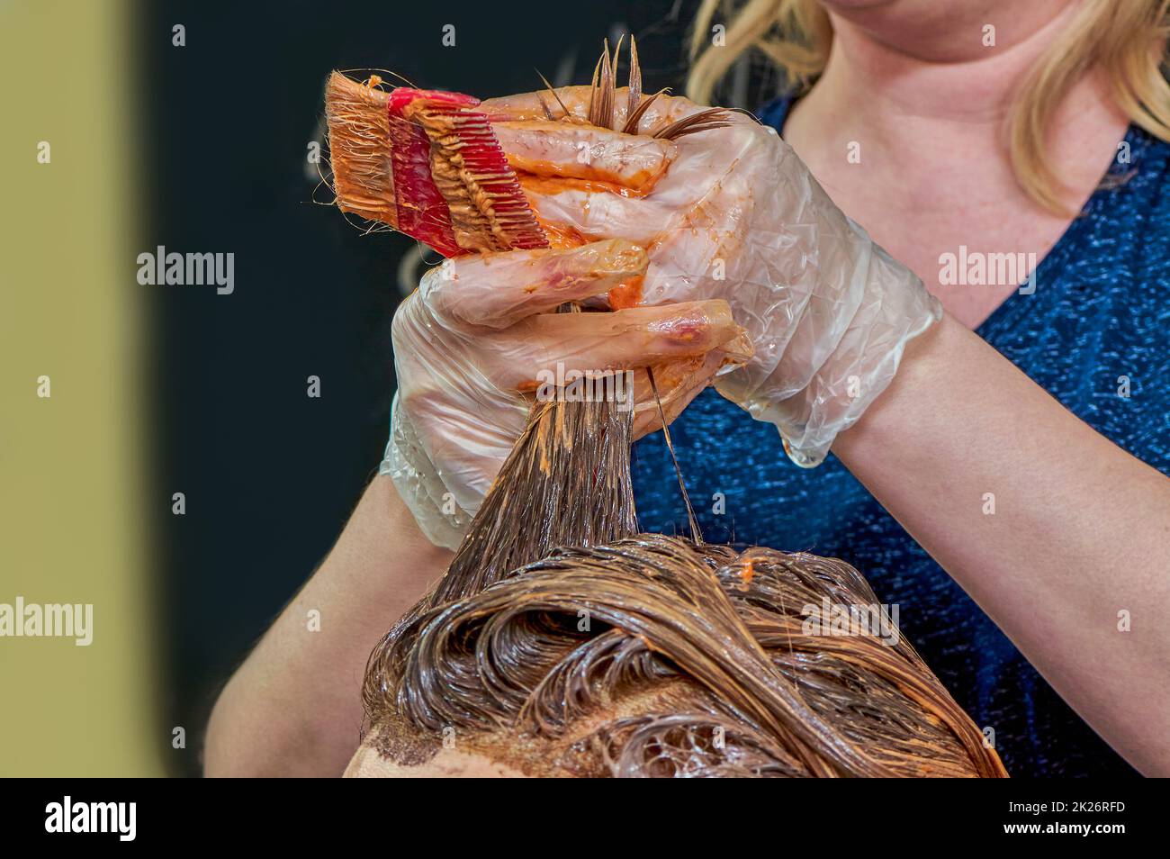 The process of painting women's hair in a barber shop close-up Stock Photo