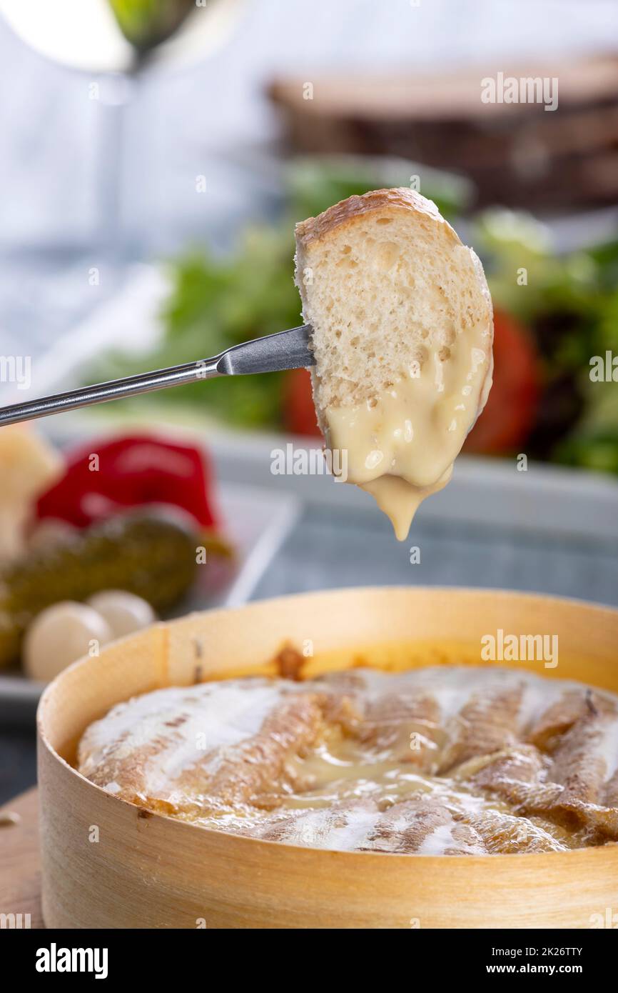 swiss cheese fondue with bread Stock Photo Alamy