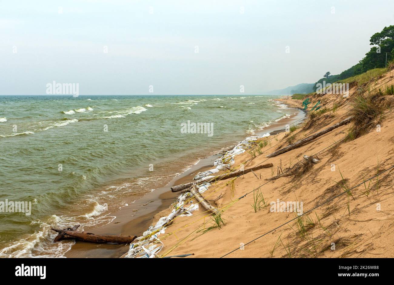 Sandbagged Lakeshore Fighting the Erosion From the Storm Stock Photo