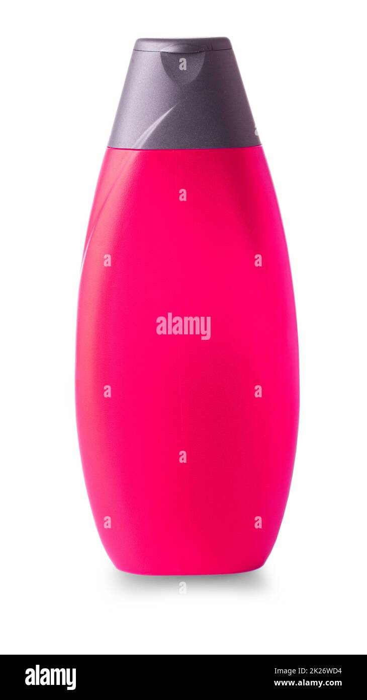 pink plastic bottle with male shampoo carved on a white background Stock Photo