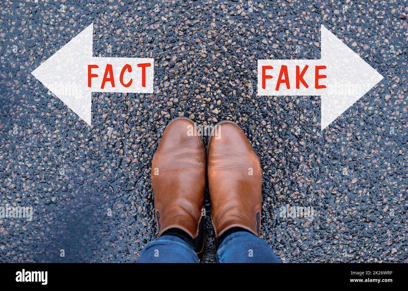 Standing in front of two arrows which show opposite directions, one with the word fact the other with fake, false and truth news, media issue Stock Photo