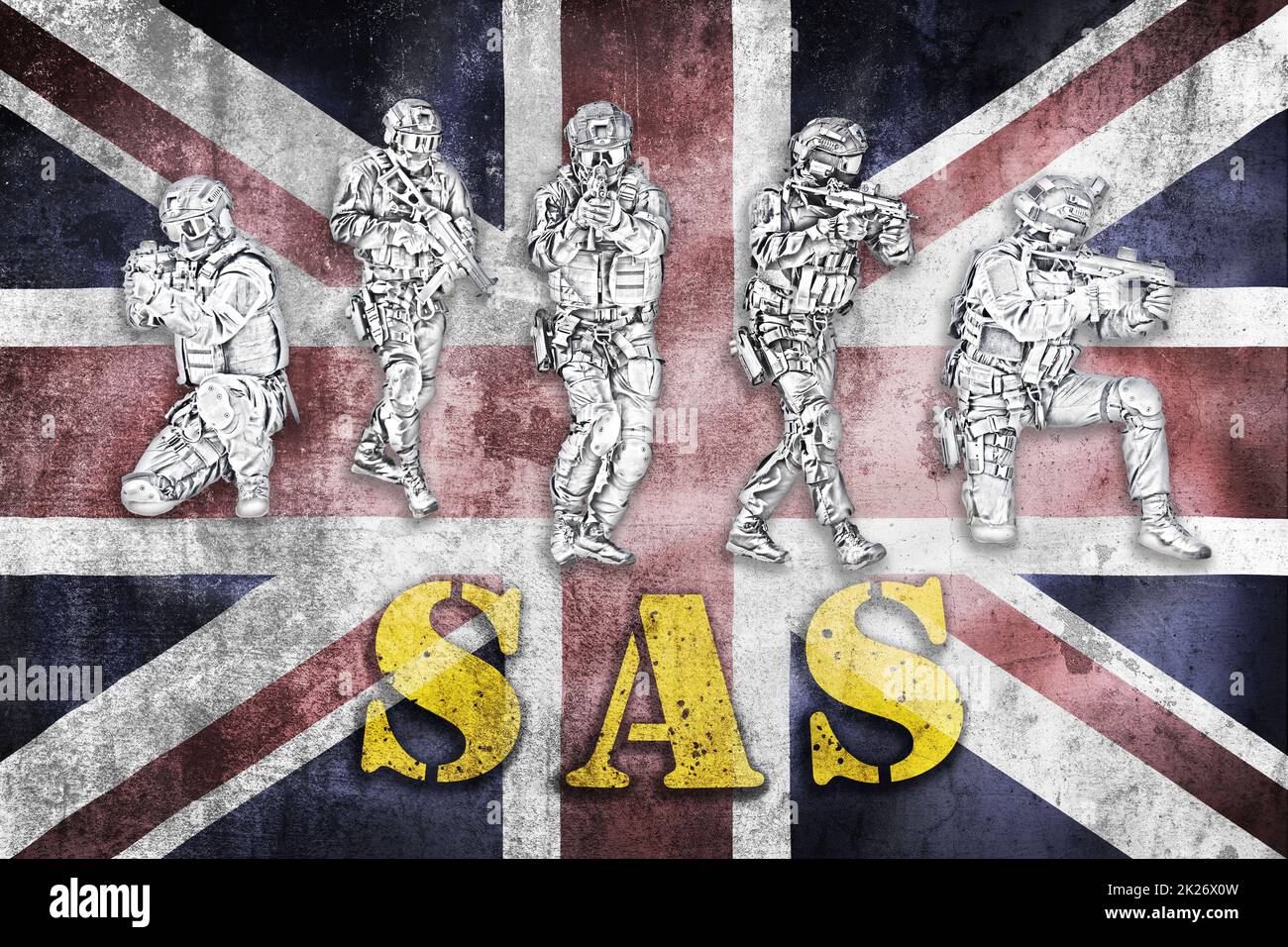 Special forces tactical team in action illustration on grunge UK flag with SAS letters, unmarked and unrecognizable swat team Stock Photo