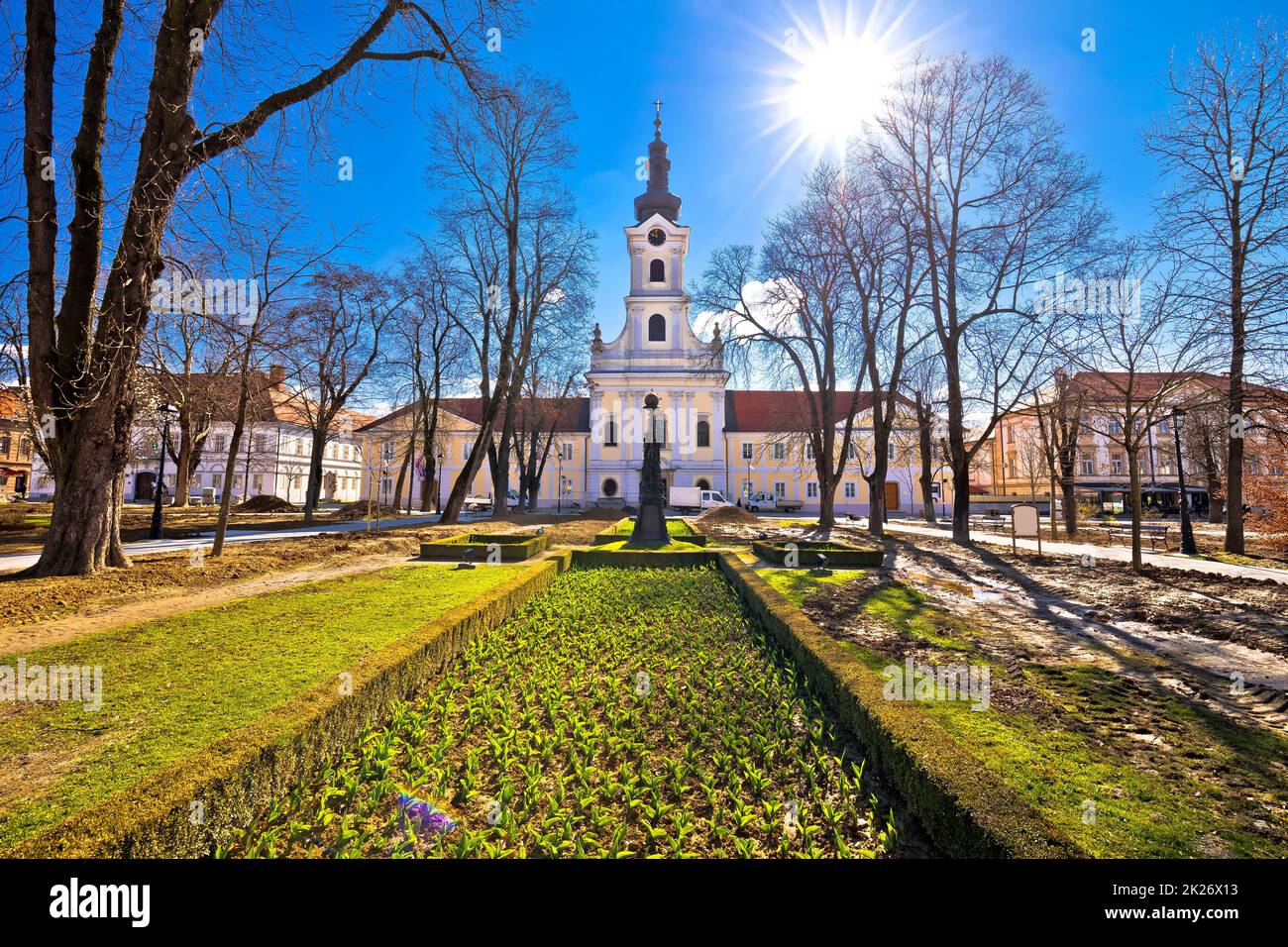 Town of Bjelovar central park and church view Stock Photo