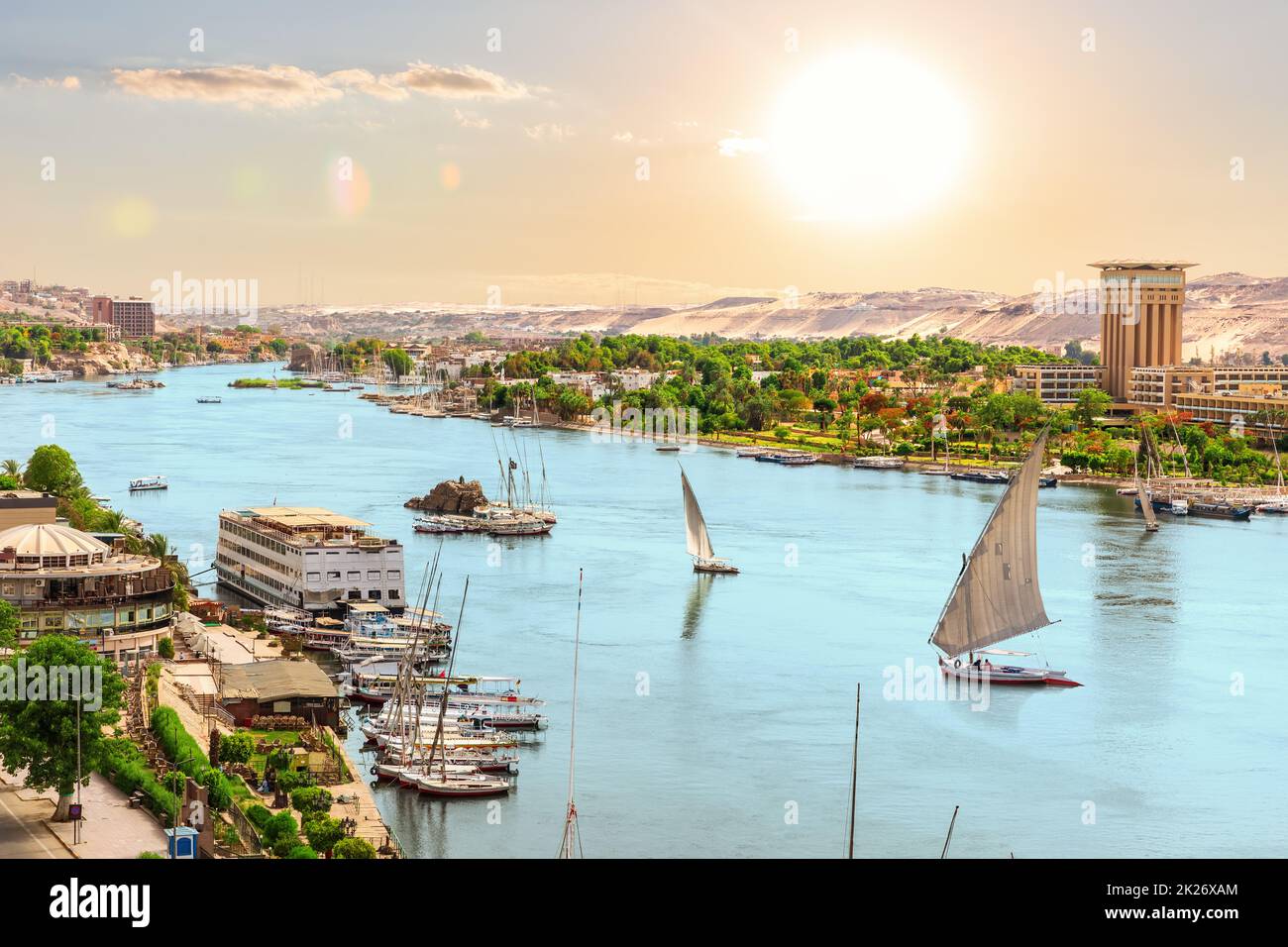 The Nile river, boats and views of Aswan city, Egypt Stock Photo