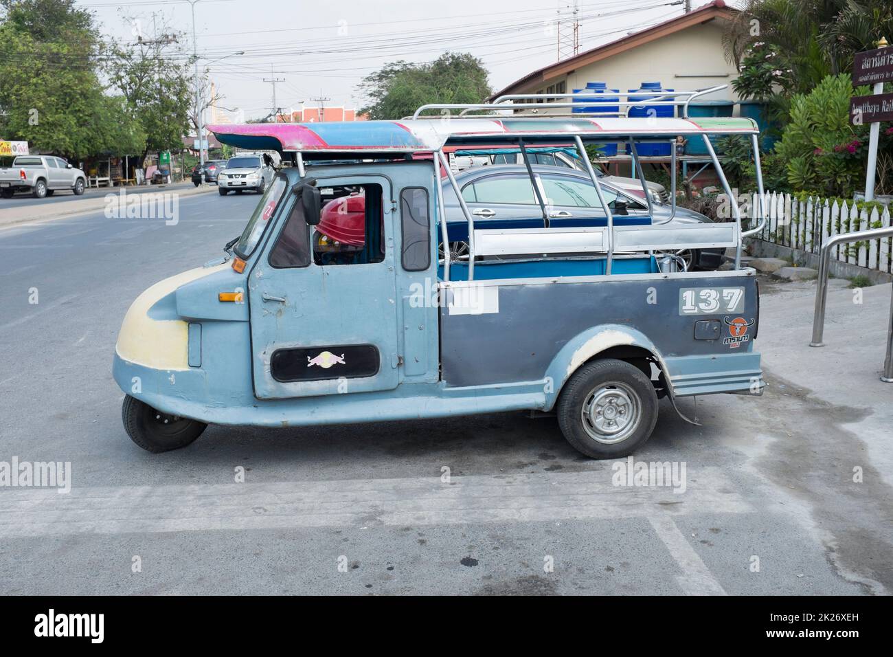 Local Taxi Transport outside The Railway Station at Ayutthaya Thailand Stock Photo