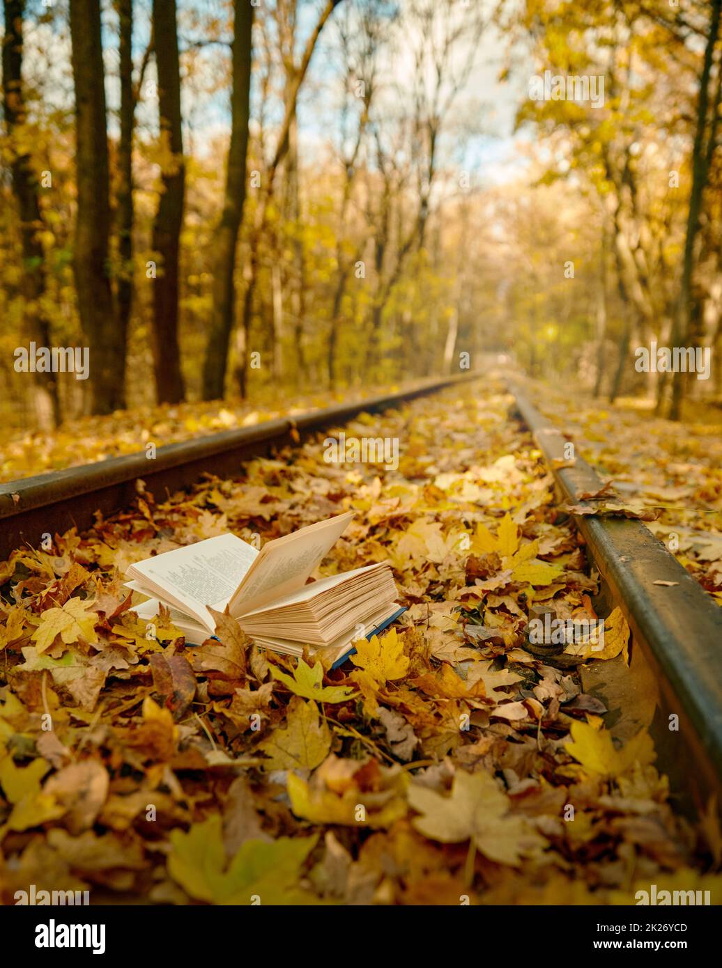An open book at railroad track Stock Photo