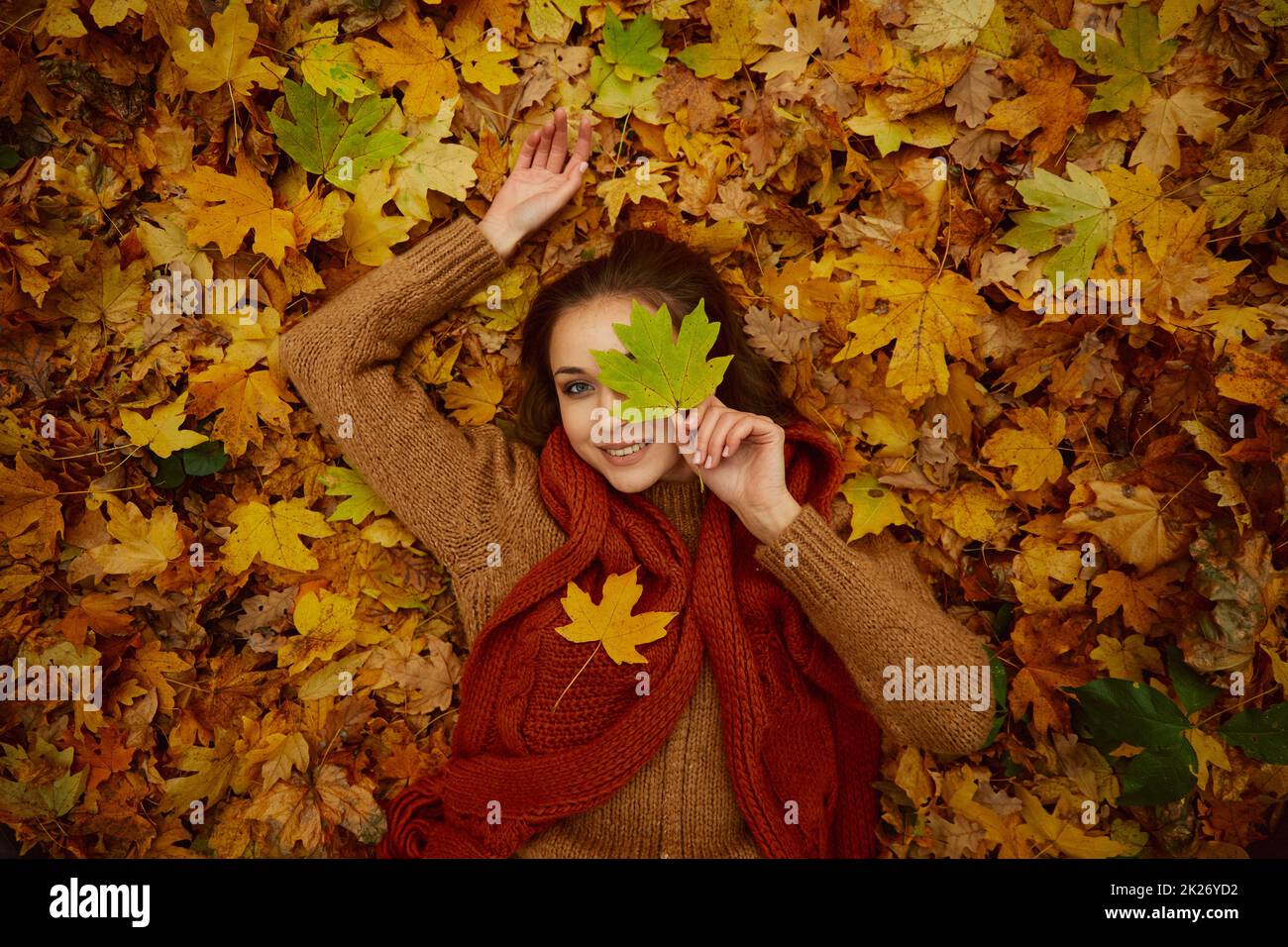 Gorgeous woman in fallen autumn leaves portrait Stock Photo