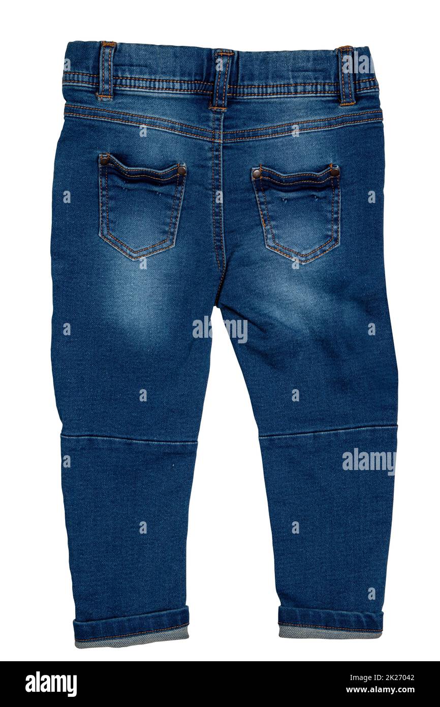 Closeup of a trendy stylish dark blue denim pants or trousers for boys isolated on a white background. Clipping path. Kids summer and autumn fashion. Back view. Stock Photo