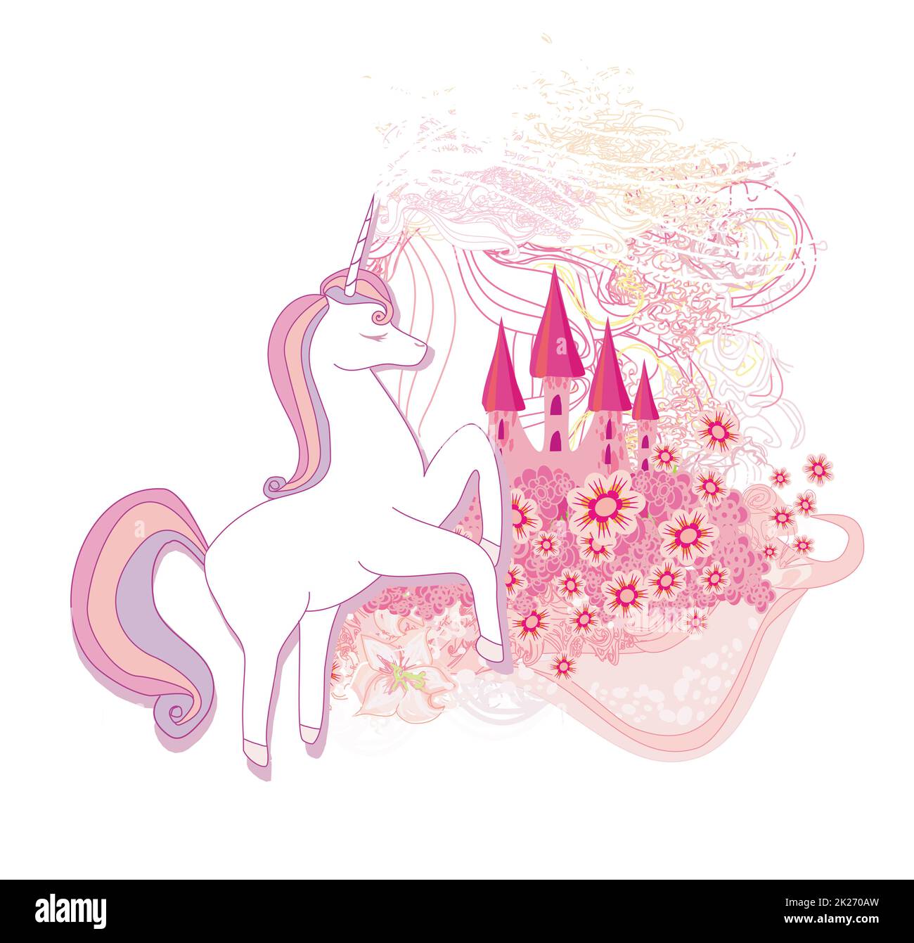 Beautiful unicorn and a pink fairytale castle , ornamental floral icon ...