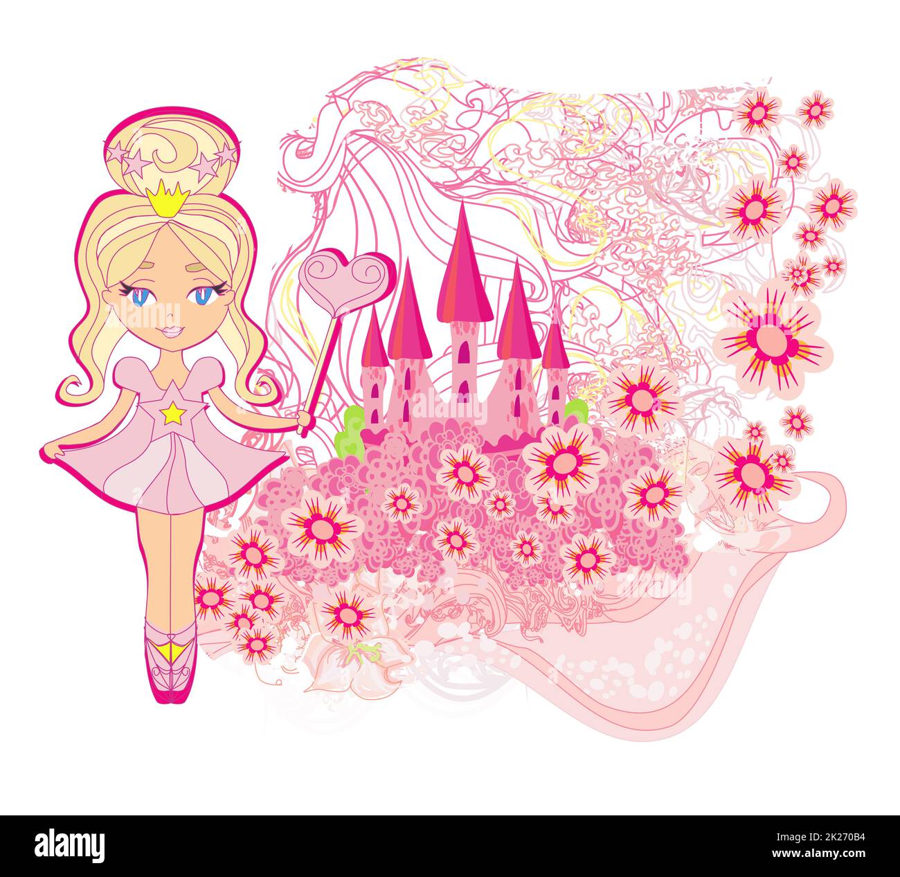 Magic Fairy Tale Princess Castle and beautiful little fairy, artistic banner Stock Photo