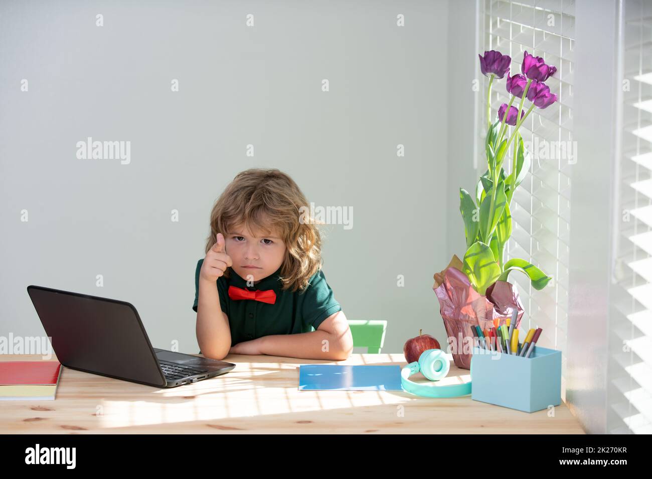 First day at school. Cute little children using laptop computer, studying through online e-learning. Stock Photo