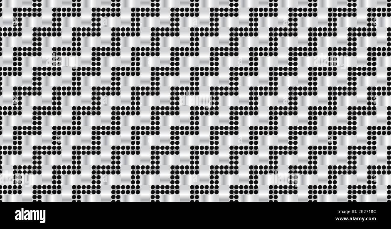 Panoramic silver metal wicker background, repeating perforated elements ...