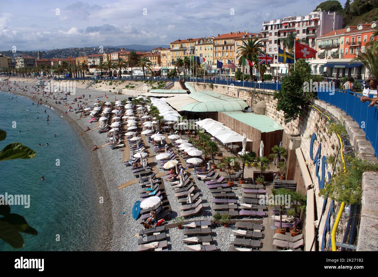 View of the Castel Plage and the Promenade des Anglais located in the beautiful french riviera city of Nice on the Côte d'Azur. Stock Photo