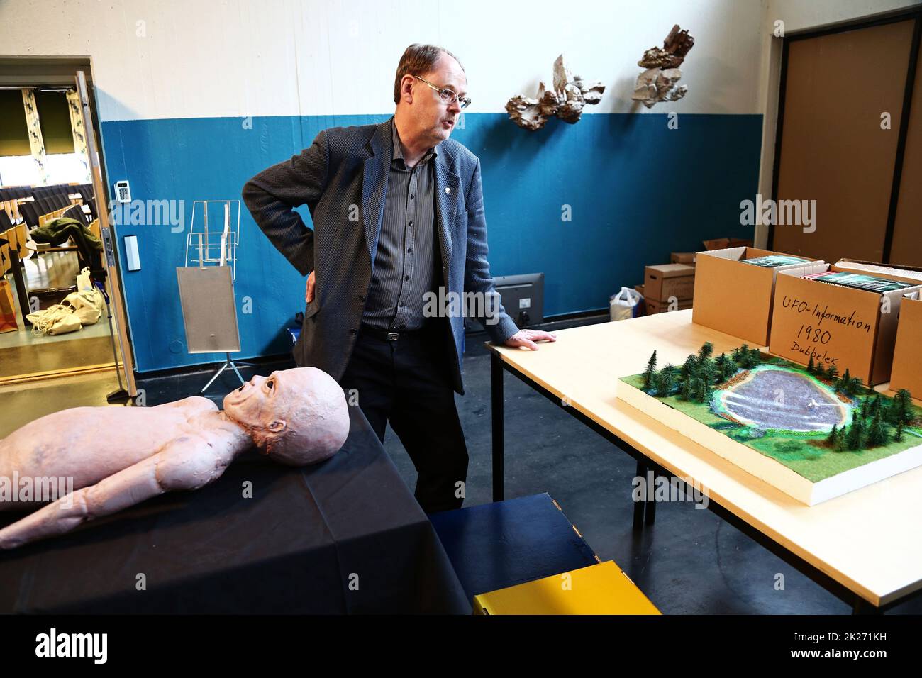 A UFO exhibition in Linköping, Sweden. It is the National Organization 'UFO-Sverige' that has a national meeting. The chairman is DN journalist Clas Svahn (in the picture), who is a long-time UFO researcher in Sweden. Stock Photo
