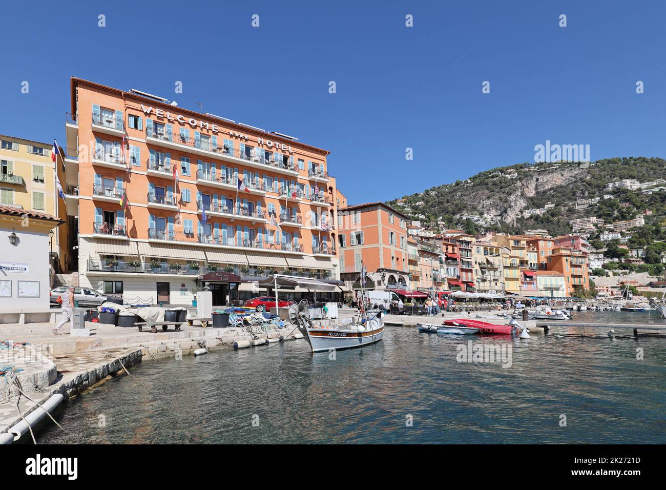 The Welcome hotel, Villefranche-sur-Mer, Alpes-Maritimes, Provence-Alpes-Cote d'Azur, France. Stock Photo