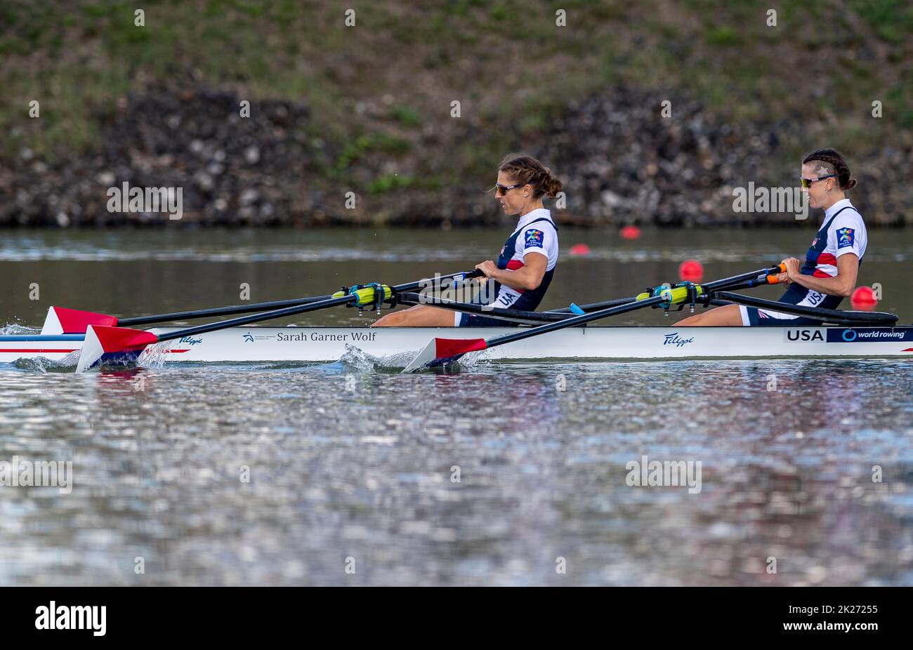 Racice, Czech Republic. 22nd Sep, 2022. Mary Reckford, Michelle Sechser of USA competing during Day 5 of the 2022 World Rowing Championships, Lightweight Women's double sculls semifinal at the Labe Arena Racice on September 22, 2022 in Racice, Czech Republic. Credit: Ondrej Hajek/CTK Photo/Alamy Live News Stock Photo