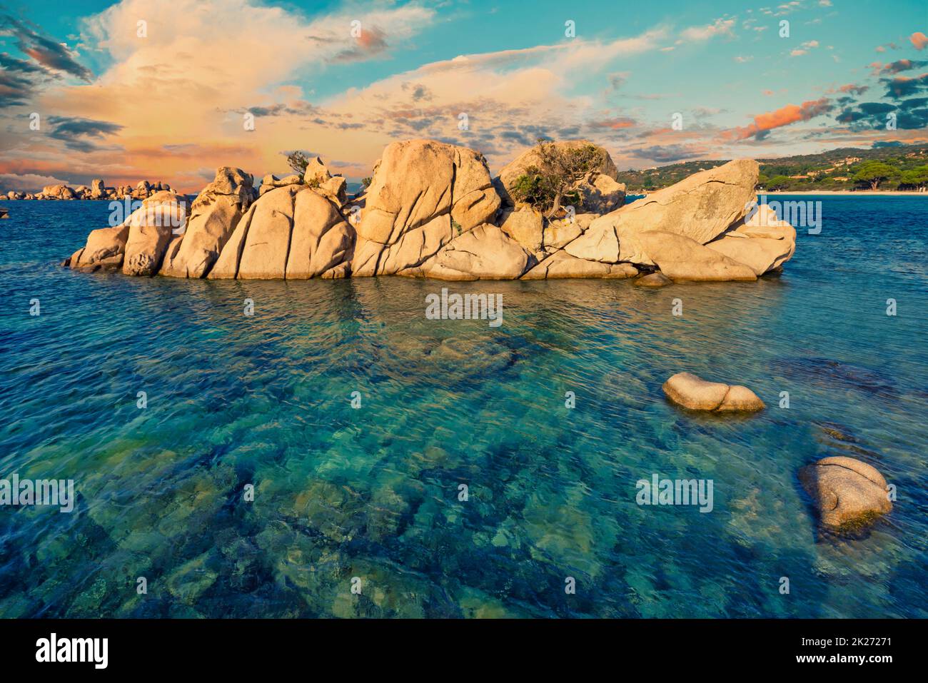 View of rocks in the morning at Palombaggia beach, Porto Vecchio, Corsica Stock Photo
