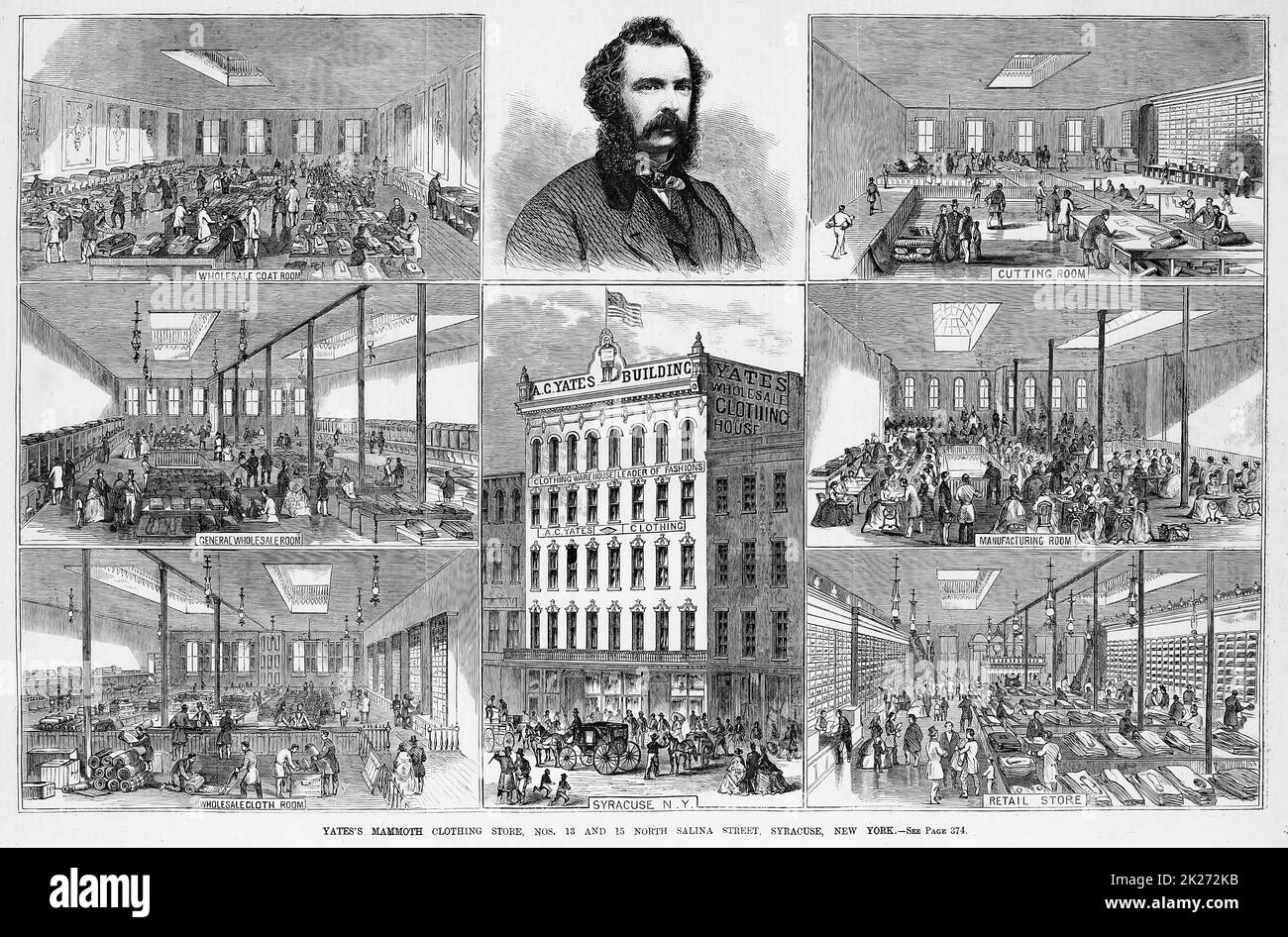 A. C. Yates' Mammoth Clothing Store, Nos. 13 and 15 North Salina Street, Syracuse, New York - Wholesale Coat Room, Cutting Room, General Wholesale Room, Wholesale Cloth Room, Manufacturing Room, Retail Store. April 1862. 19th century American Civil War illustration from Frank Leslie's Illustrated Newspaper Stock Photo