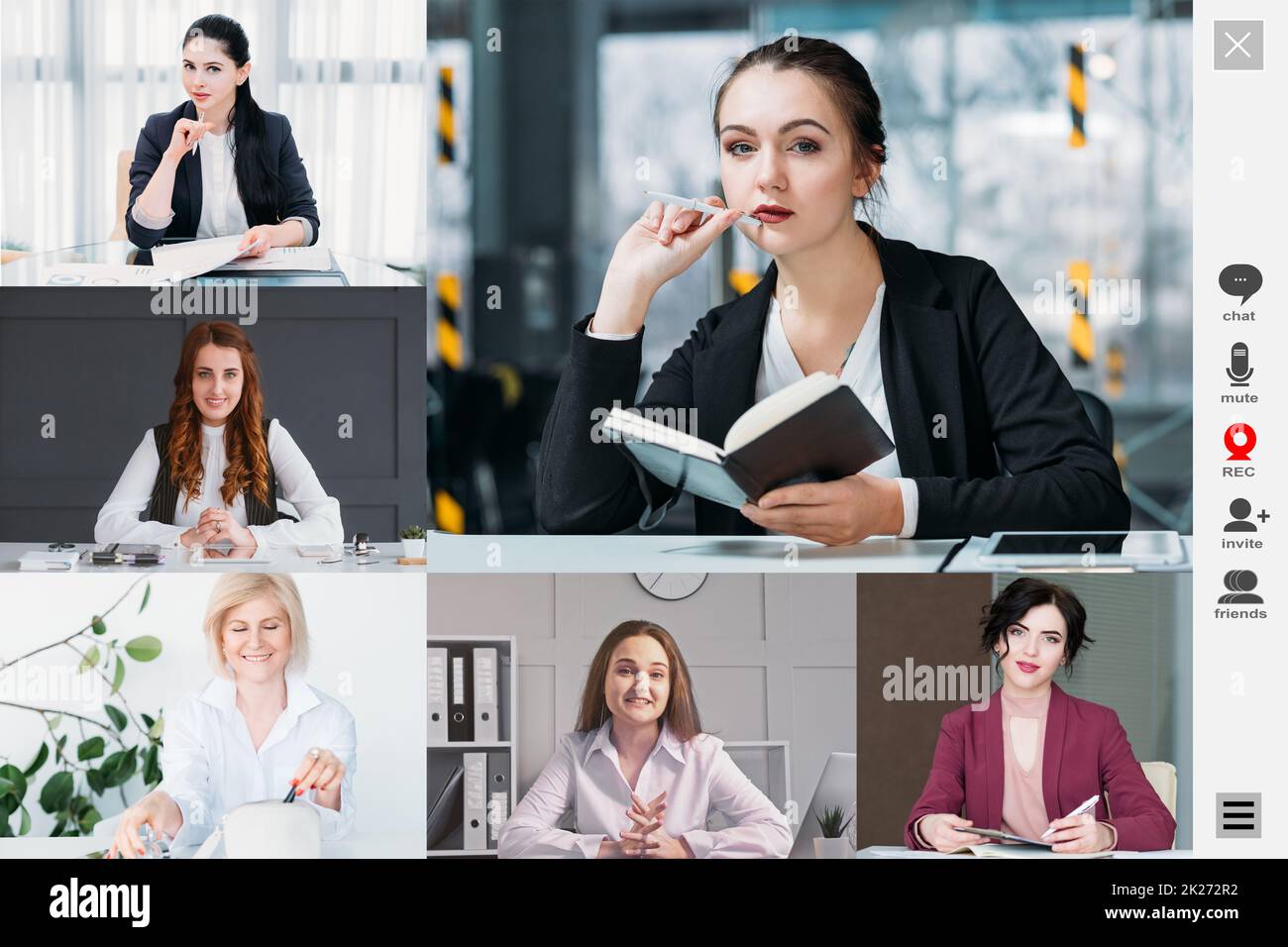 Business teleconference. Video chat. Group web interview. Collage of successful female team working from home in digital office on screen. Stock Photo