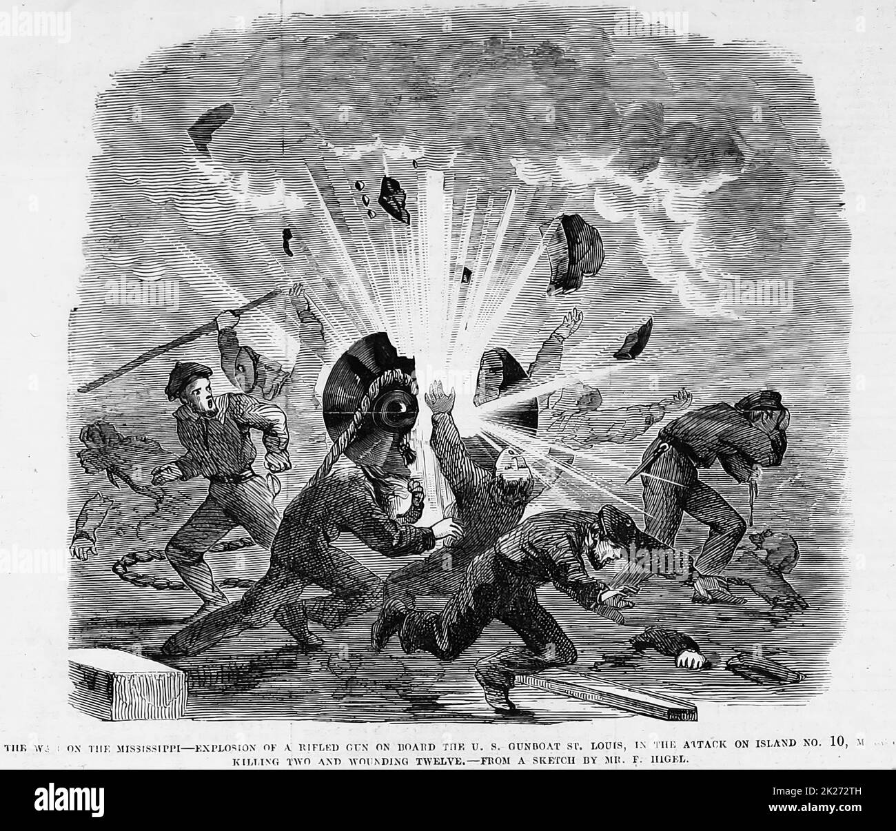 The War on the Mississippi - Explosion of a rifled gun on board the U. S. gunboat St. Louis, in the attack on Island No. 10, March 17th, 1862, killing two and wounding twelve. 19th century American Civil War illustration from Frank Leslie's Illustrated Newspaper Stock Photo