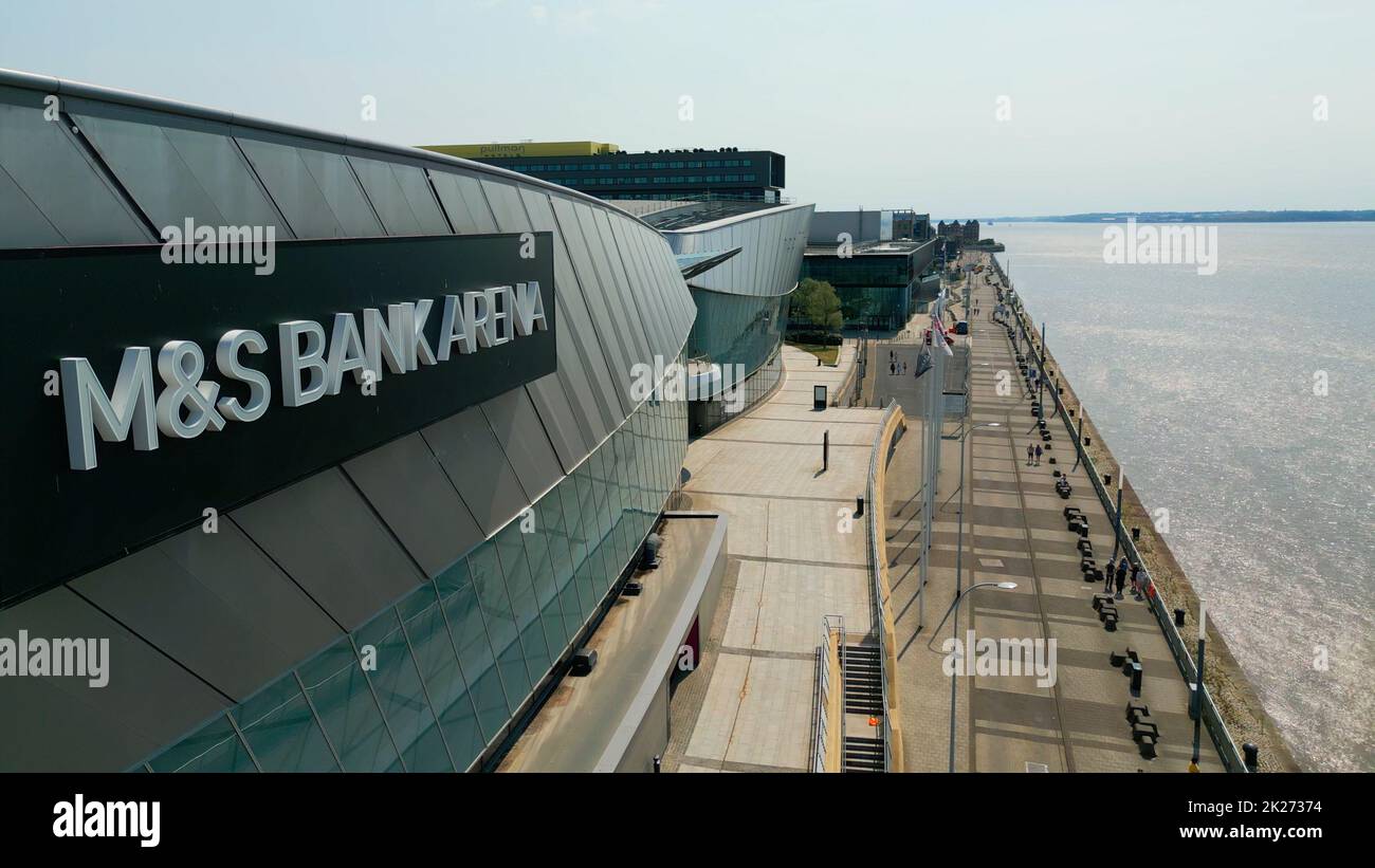 M S Bank Arena Liverpool at the docks - aerial view - LIVERPOOL, UNITED KINGDOM - AUGUST 16, 2022 Stock Photo