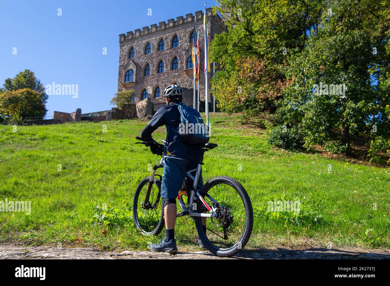 Mountain biker at Hambach Castle (Germany) Stock Photo