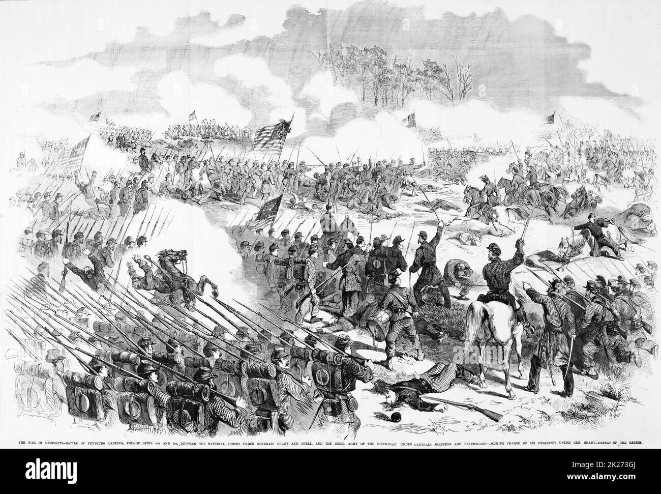 The War in Mississippi - Battle of Pittsburg Landing, fought April 6th and 7th, 1862, between the National forces under Generals Ulysses S. Grant and Don Carlos Buell, and the Rebel Army of the southwest under Generals Albert Sidney Johnston and P. G. T. Beauregard - Decisive charge of six regiments under General Grant - Defeat of the Rebels. Battle of Shiloh. 19th century American Civil War illustration from Frank Leslie's Illustrated Newspaper Stock Photo