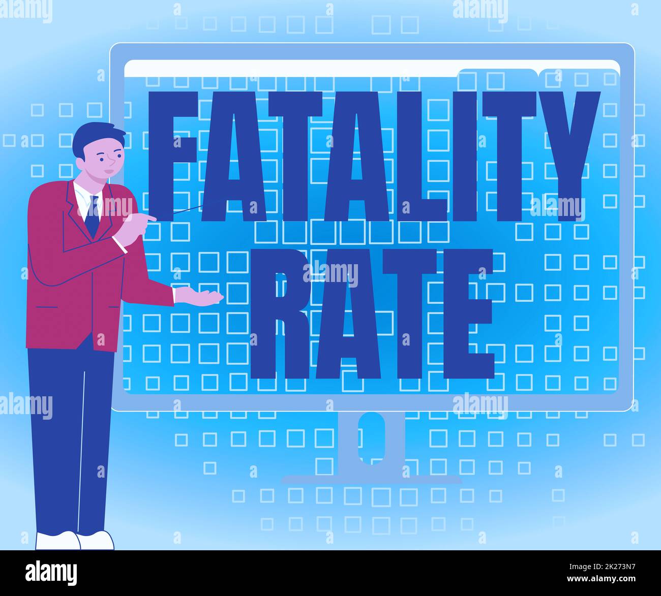 Hand writing sign Fatality Rate. Internet Concept calculated number of deaths over a specific range of period Businessman Standing Presenting Charts Wonderful Ideas On Computer Screen Stock Photo