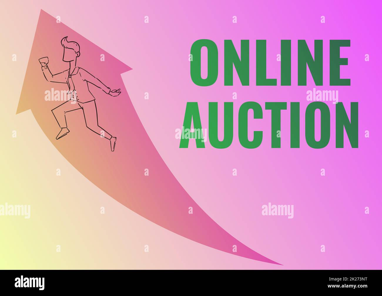 Conceptual display Online Auction. Business overview digitized sale event which item is sold to the highest bidder Illustration Of Happy Businessman Running Up With Arrow Got His Promotion. Stock Photo