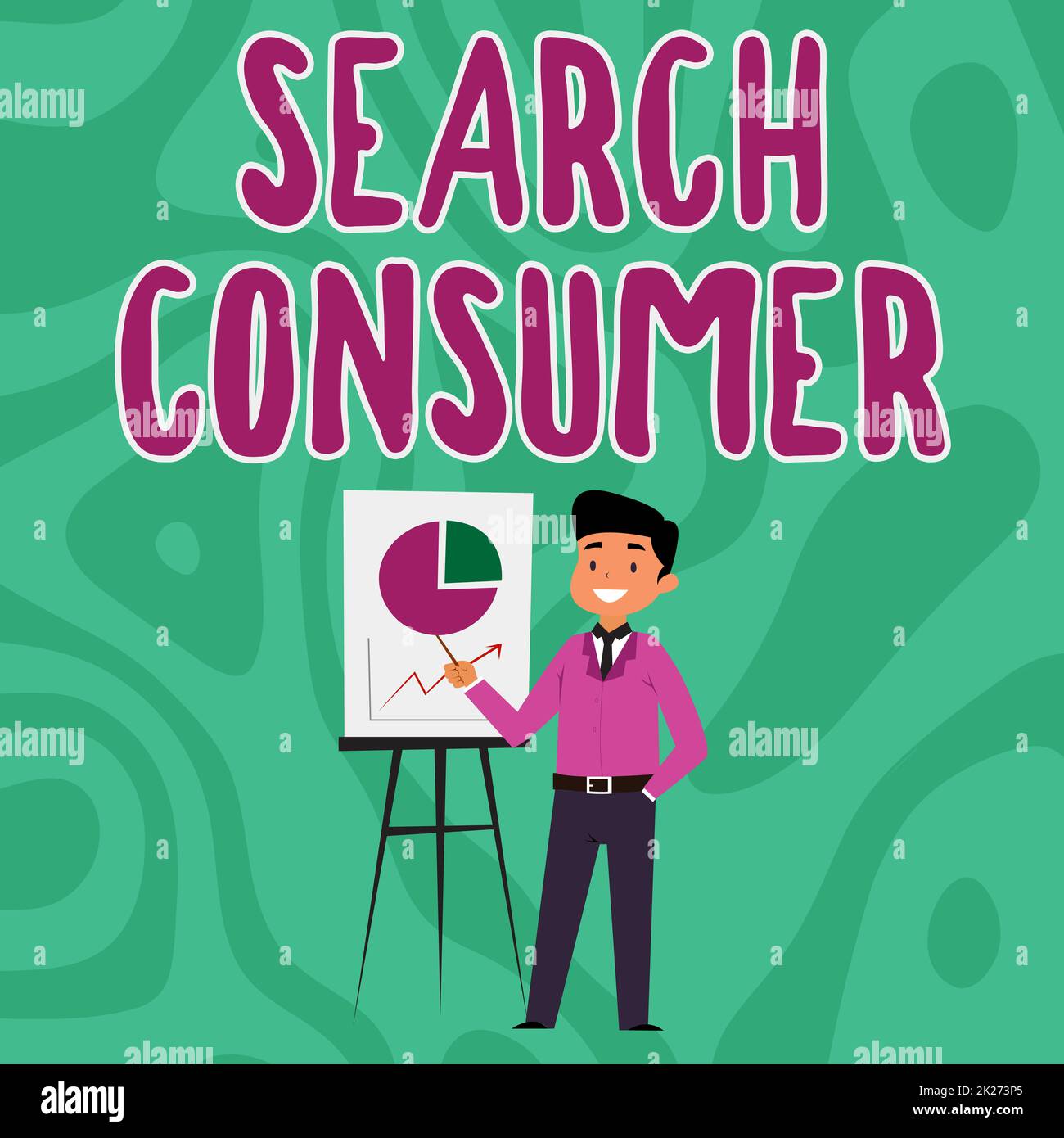 Text sign showing Search Consumer. Business idea research onconsumers preferences and behavior in a market Businessman Wearing Casual Standing Presenting Charts And Ideas. Stock Photo