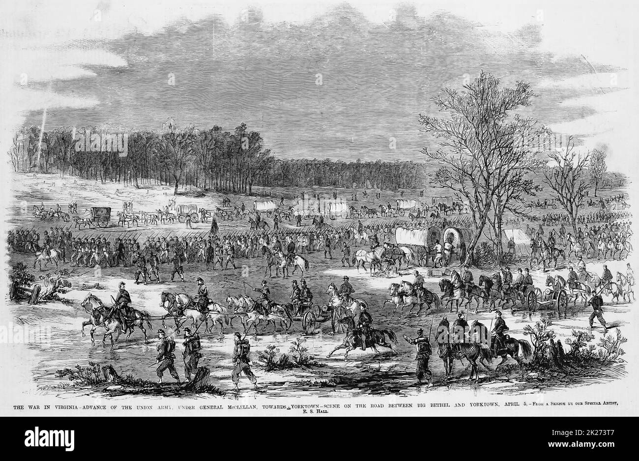 The War in Virginia - Advance of the Union Army, under General George Brinton McClellan, towards Yorktown - Scene on the road between Big Bethel and Yorktown, April 5th, 1862. 19th century American Civil War illustration from Frank Leslie's Illustrated Newspaper Stock Photo