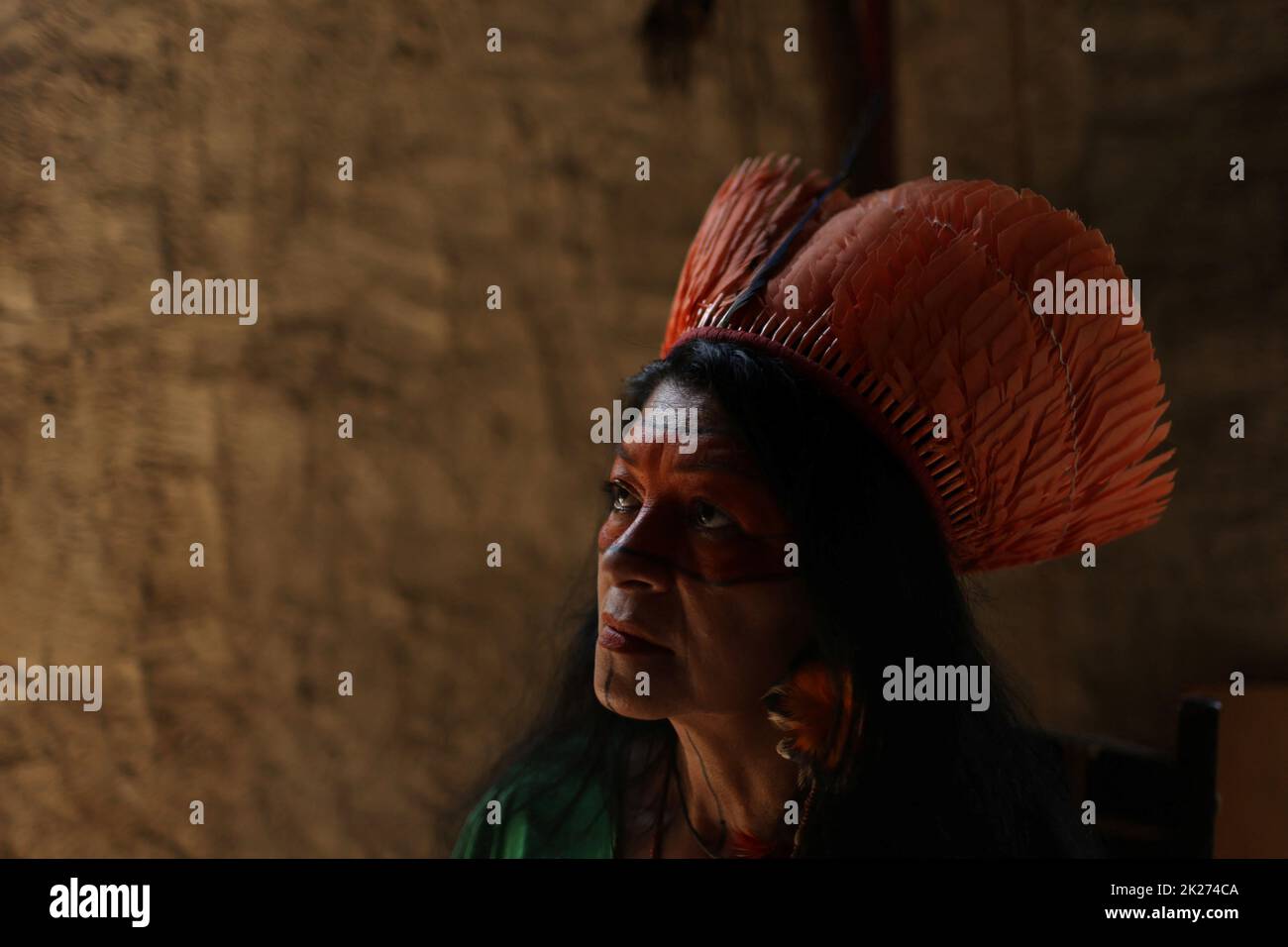Tereza Arapium, from the Arapium indigenous people, candidate for Rio de Janeiro state deputy for the Rede Sustentabilidade party, poses for a photo at the Aldeia Maracana in Rio de Janeiro, Brazil September 22, 2022. REUTERS/Pilar Olivares Stock Photo