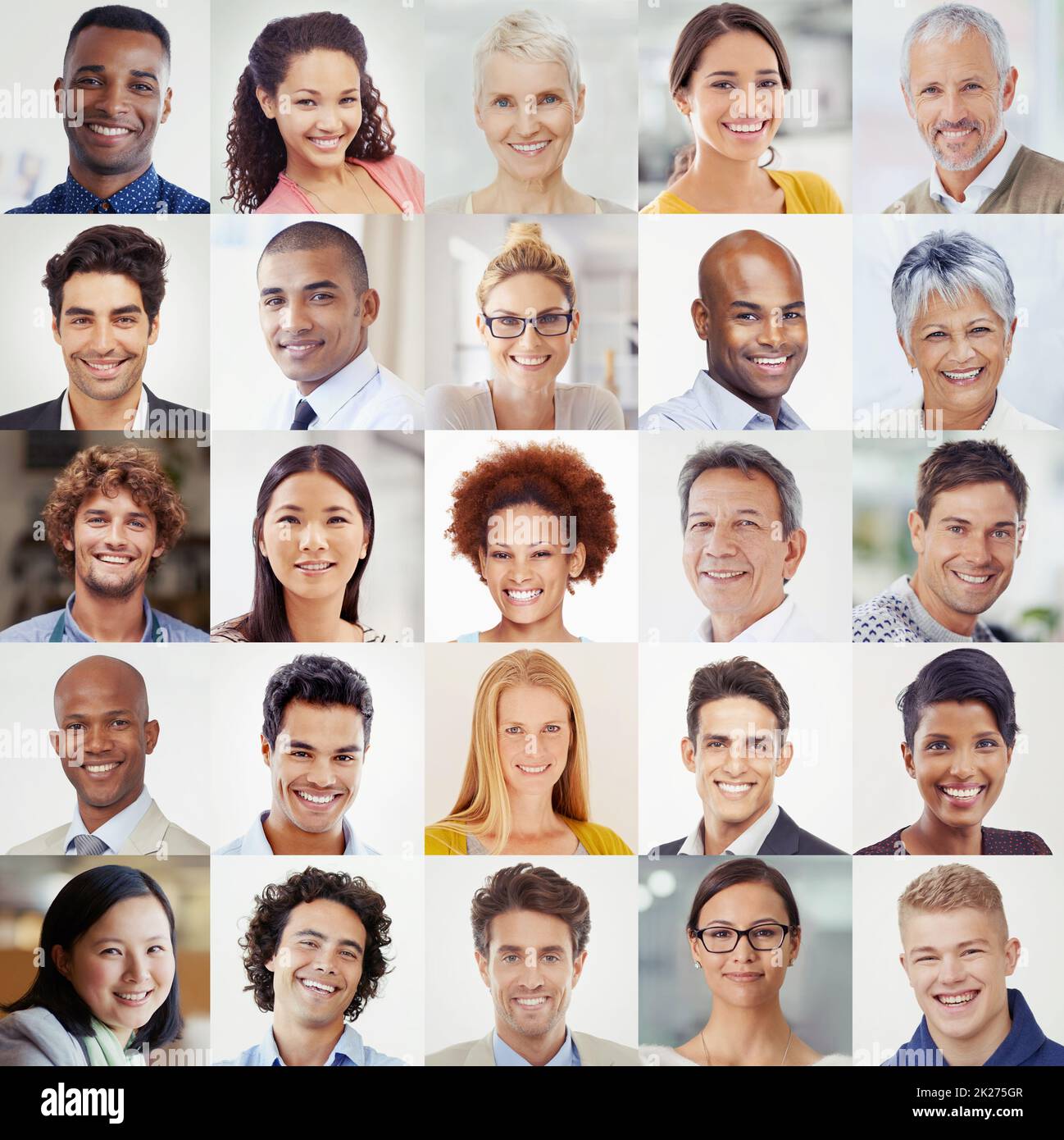 We believe in a better future. A cropped shot of people from different countries smiling together in a multitude of portraits. Stock Photo