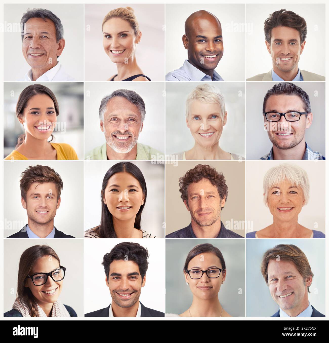 We believe in a better future. A cropped shot of people from different countries smiling together in a multitude of portraits. Stock Photo