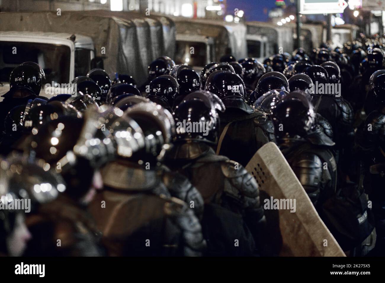 Let's create love not war. The army barricading a riot in the city. Stock Photo