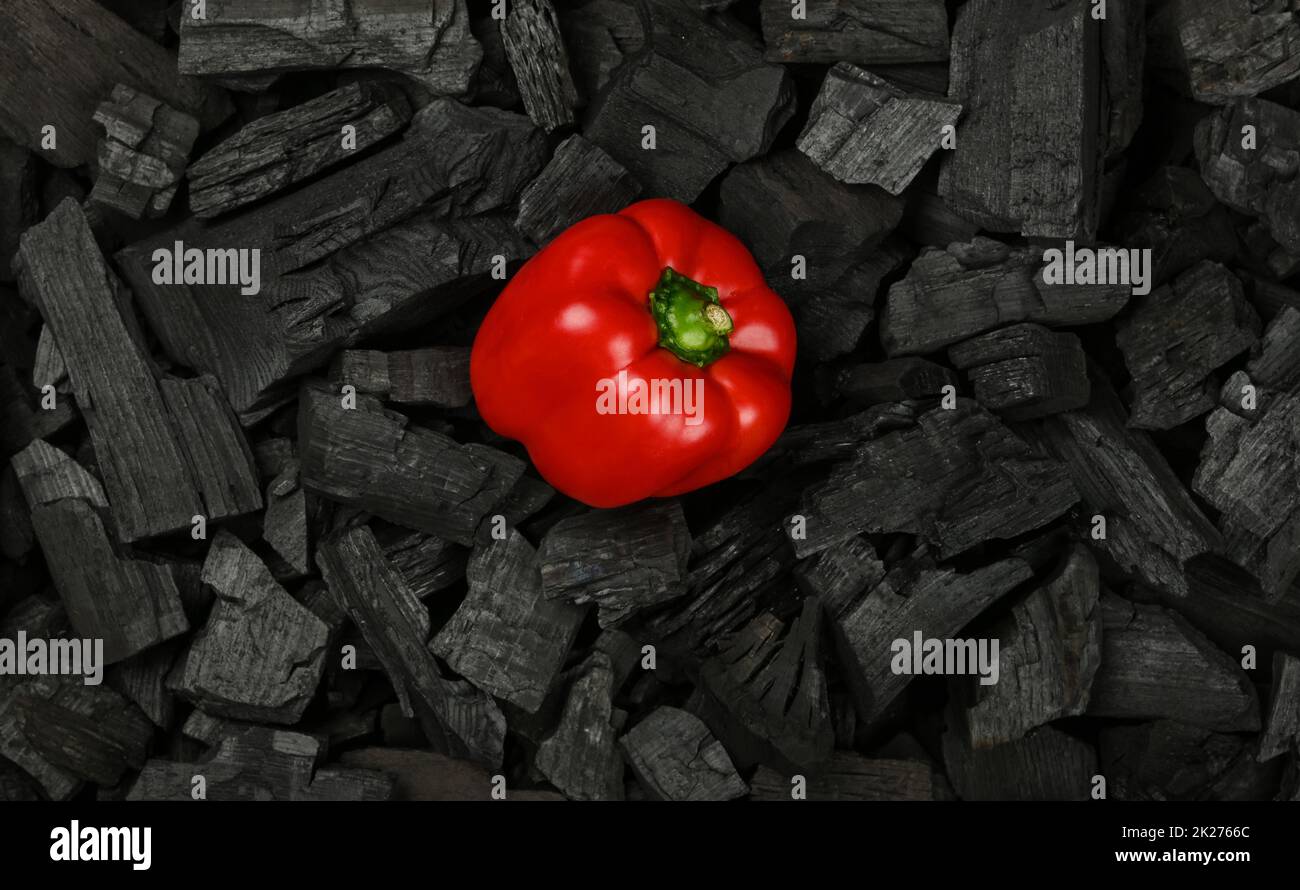 Cooking red bell pepper on charcoal grill Stock Photo