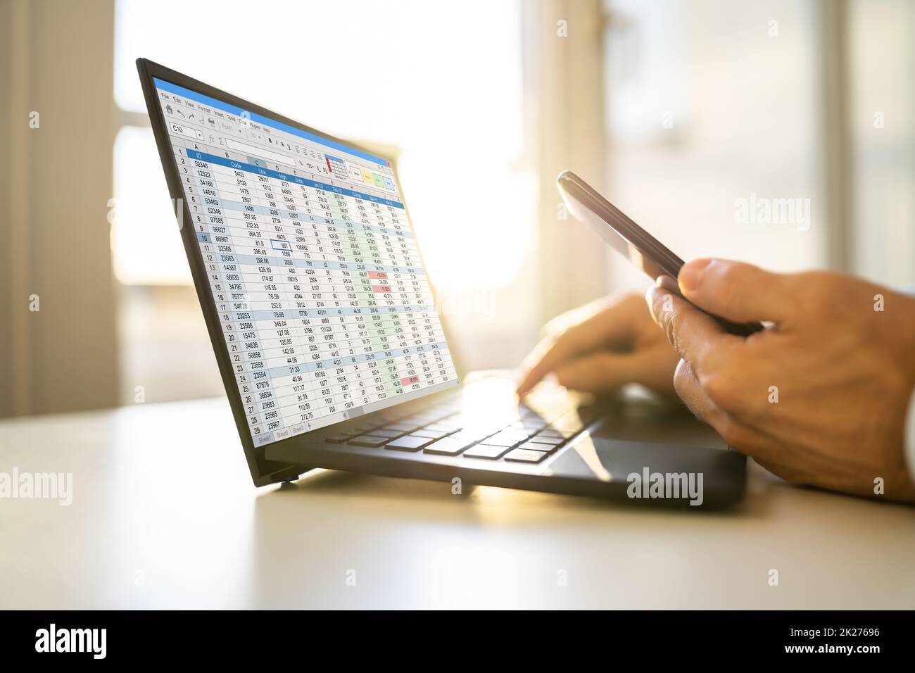 Computer Spreadsheet. Analyst Employee Working Stock Photo