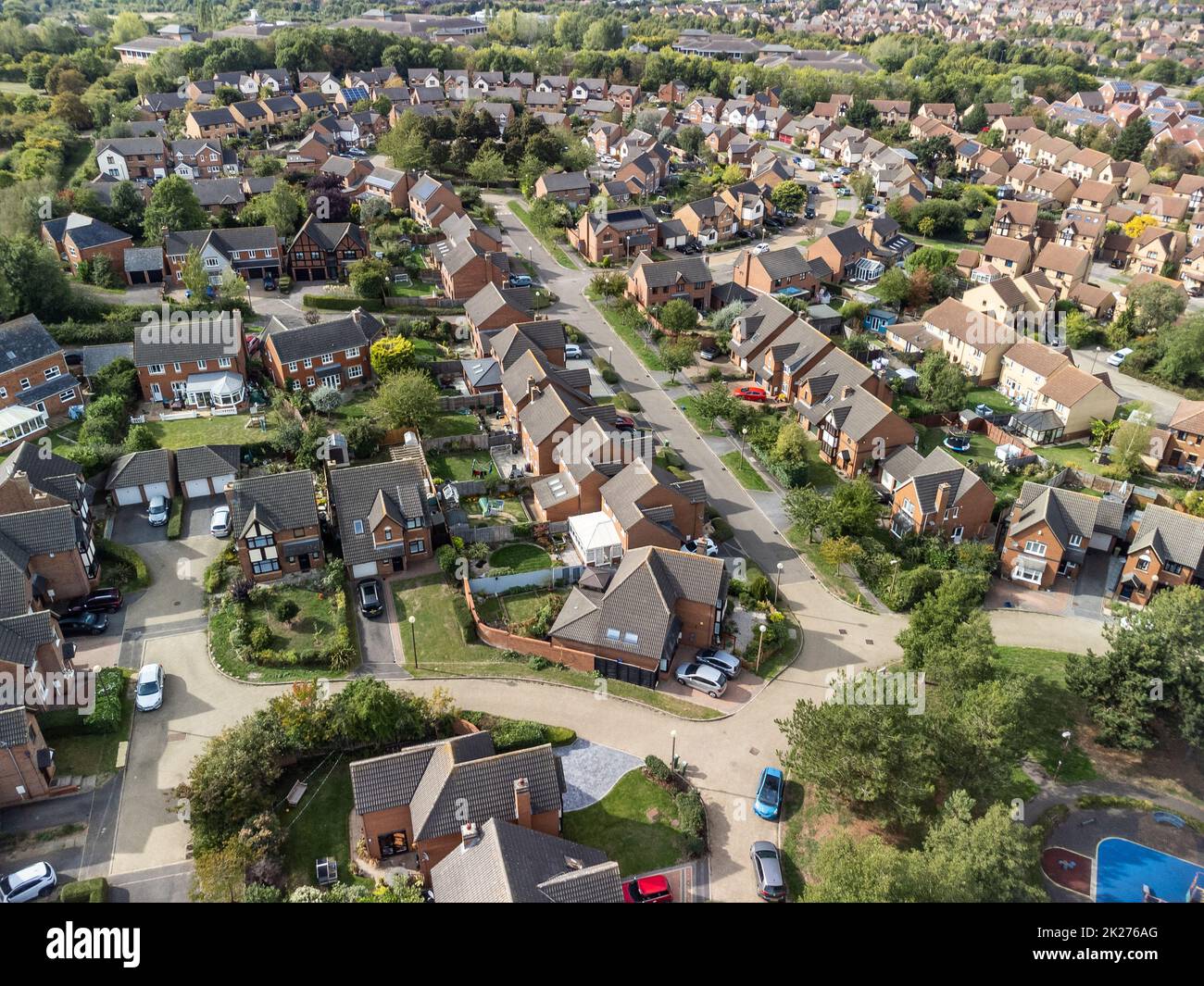 Aerial shot looking down on urban housing development housing estate