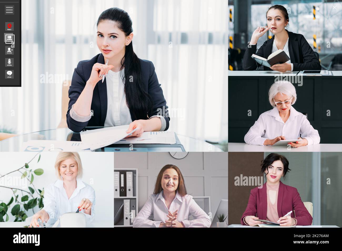 Video conference. Business telework. Online management. Collage of female team discussing working from home project online in virtual office on screen Stock Photo