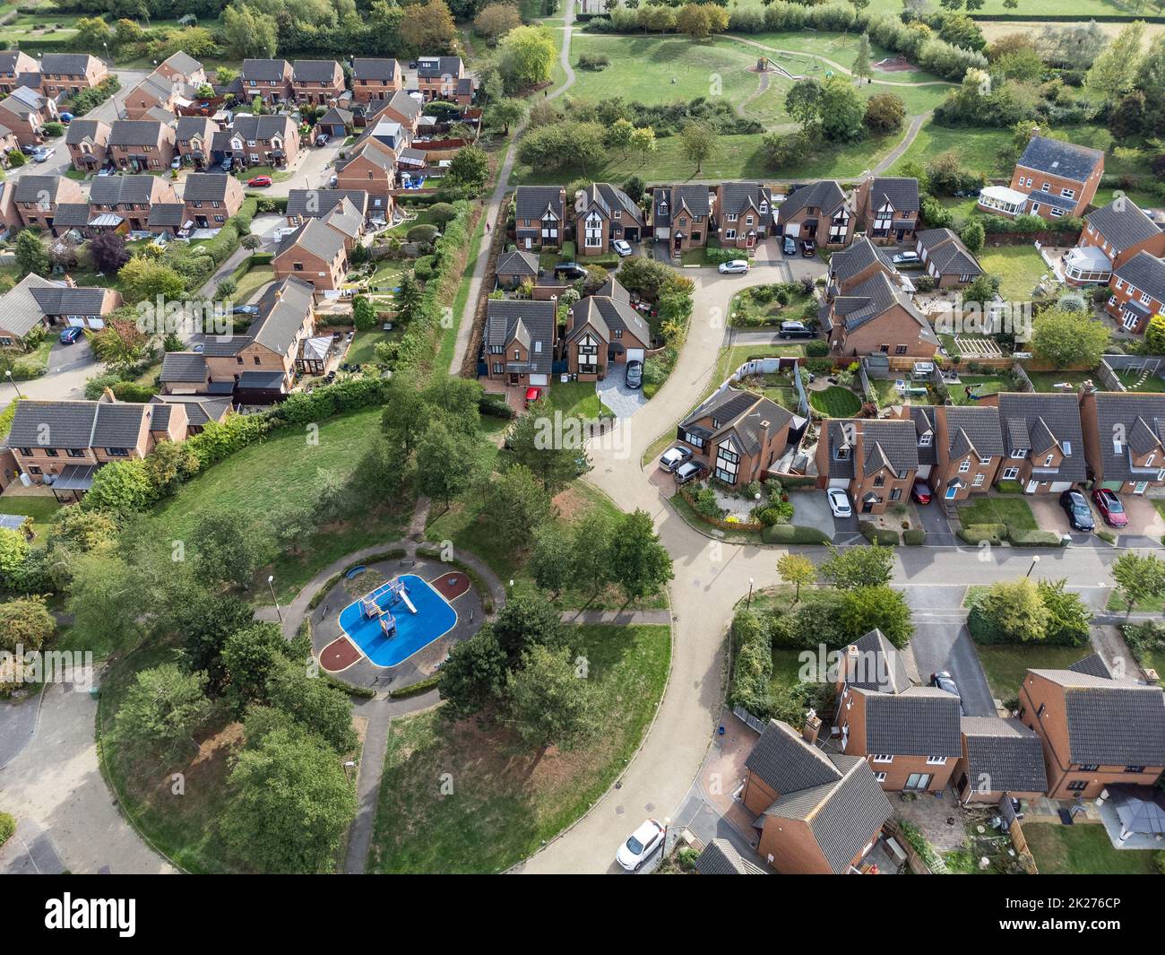 Aerial shot looking down on urban housing development housing estate