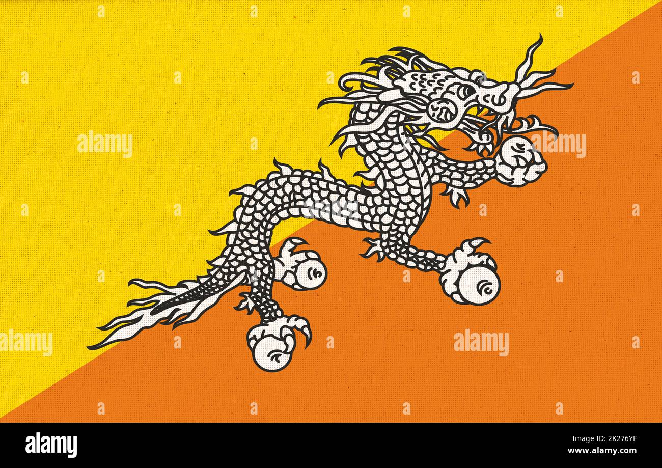 Flag of kingdom of Bhutan. National Bhutan flag on fabric surface Stock