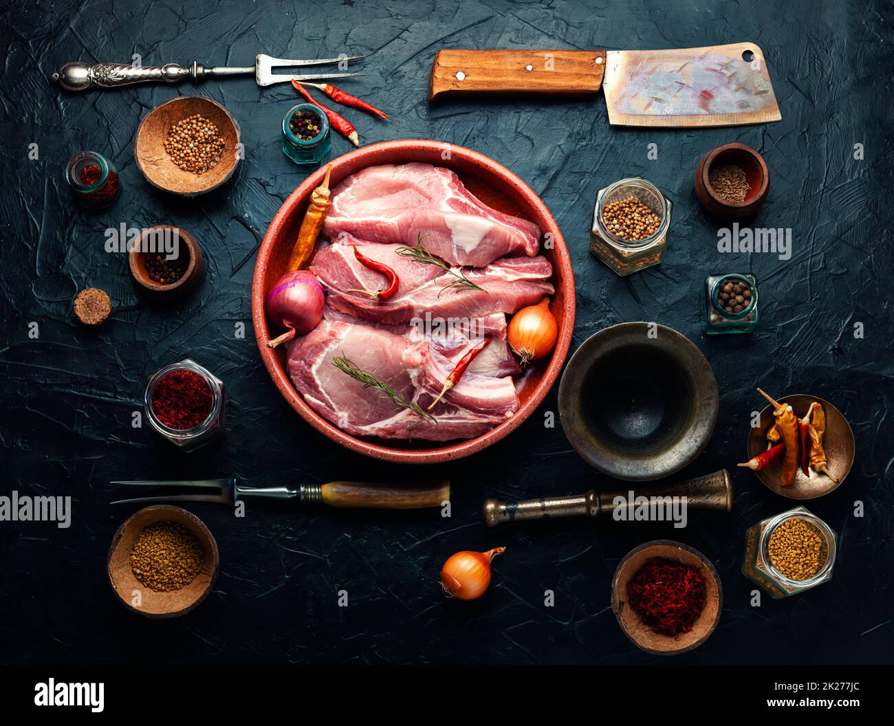 Fresh pork meat for cooking. Pork loin and seasoning Stock Photo Alamy