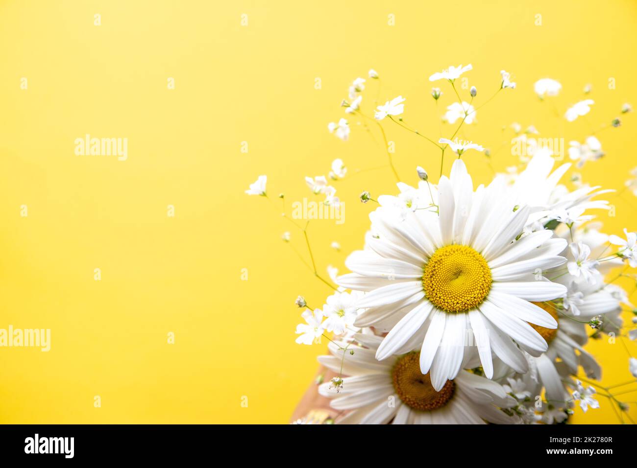 Flowers composition. Chamomile flowers on yellow background. Spring, summer concept. top view, copy space Stock Photo